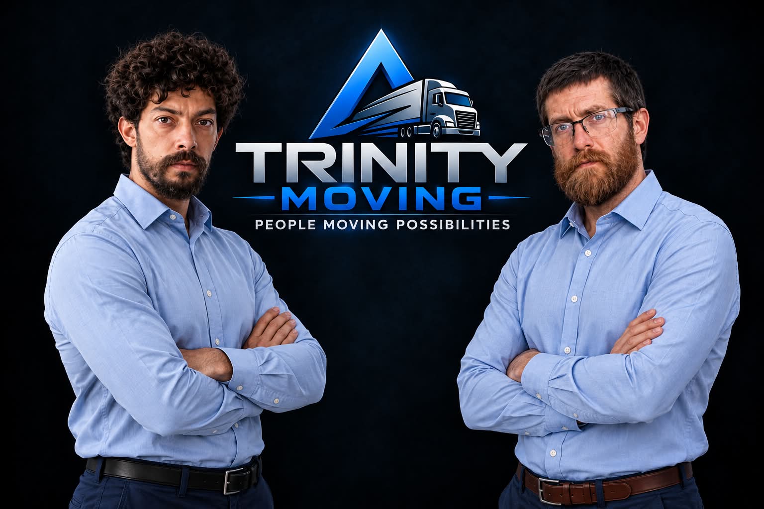 Two people standing beside the Trinity Moving logo